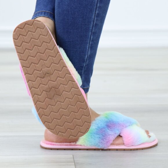 Cross Strap Tie Dye Multi Color Puff Fuzzy Furry Fluffy Slip On Plush Slippers - Picture 4 of 15